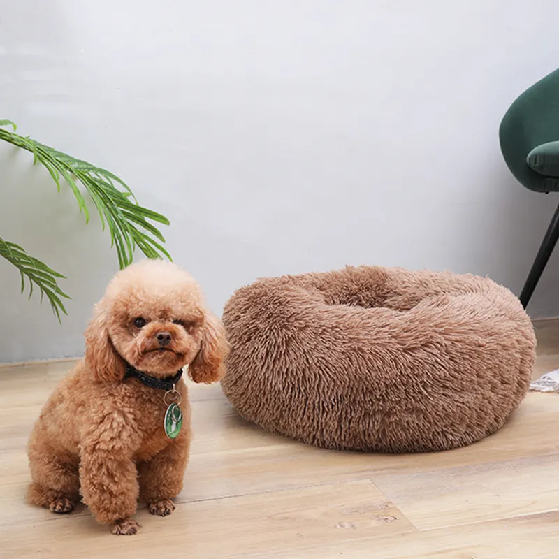Comfortable Soft Plush Round Anti-slip Faux Fur Fluffy Donut Pet Sleeping Cushion Bed For Dog Cat